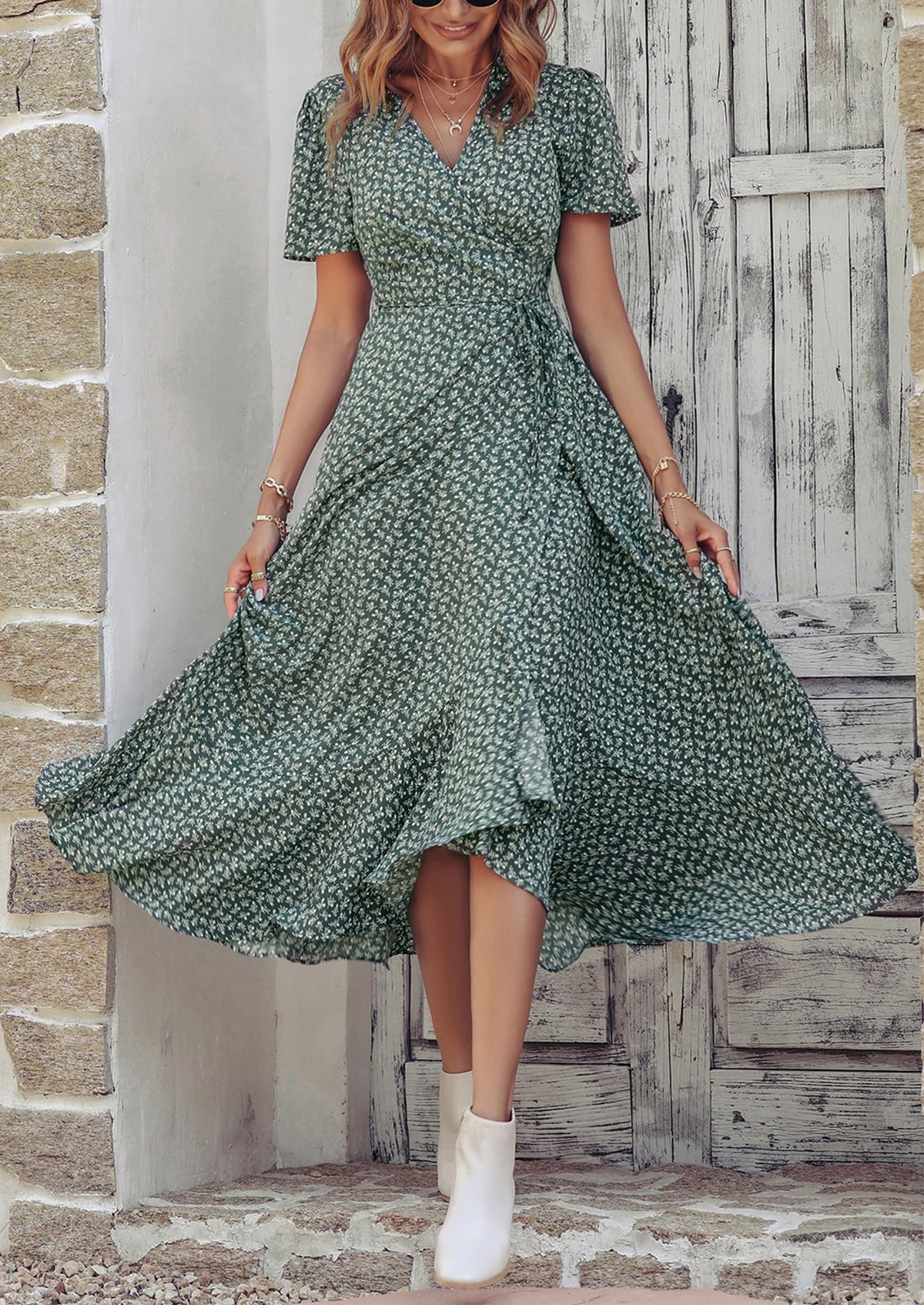 Floral V Neck Short Sleeve Midi Dresses