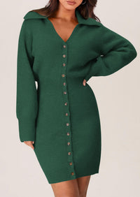 Long Sleeve V Neck Button Down Knit Pullover Sweater Dresses