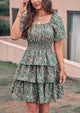 Floral Square Neck Short Sleeve Tiered Ruffle Boho Dresses