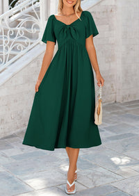 Casual Short Sleeve Bow Tie V Neck Ruffle Flowy Midi Dresses
