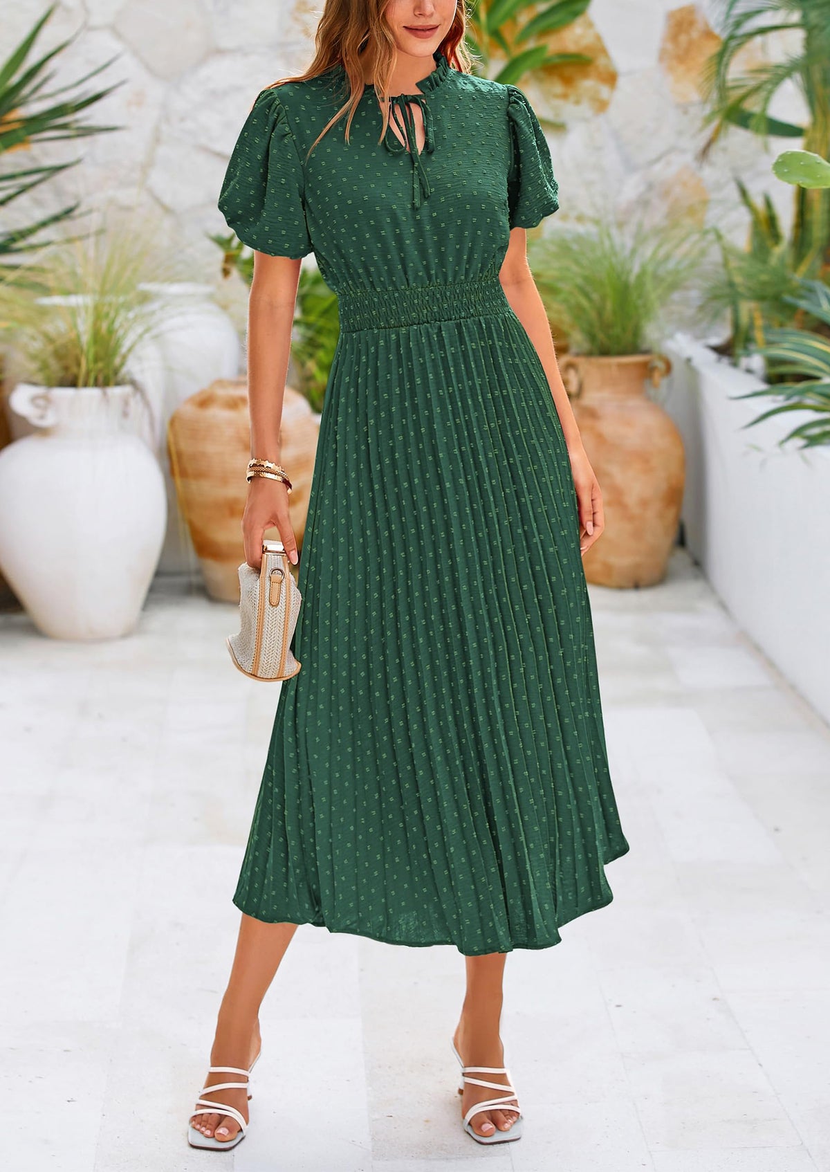 Swiss Dot Pleated A Line Casual Flowy Party Midi Dress