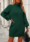 PRETTYGARDEN Sweater Dress for Women Long Puff Sleeve Turtleneck Ribbed Knit Oversized Pullover Winter Short Dress