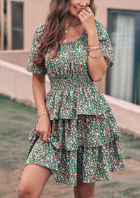 Floral Square Neck Short Sleeve Tiered Ruffle Boho Dresses