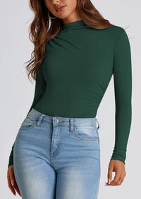 Y2K Long Sleeve Mock Neck Ruched Slim Fitted Casual Blouses