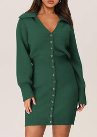 Long Sleeve V Neck Button Down Knit Pullover Sweater Dresses