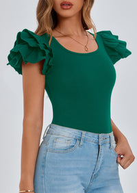 Ruffle Short Sleeve Casual Basic Fitted Crew Neck T-shirts