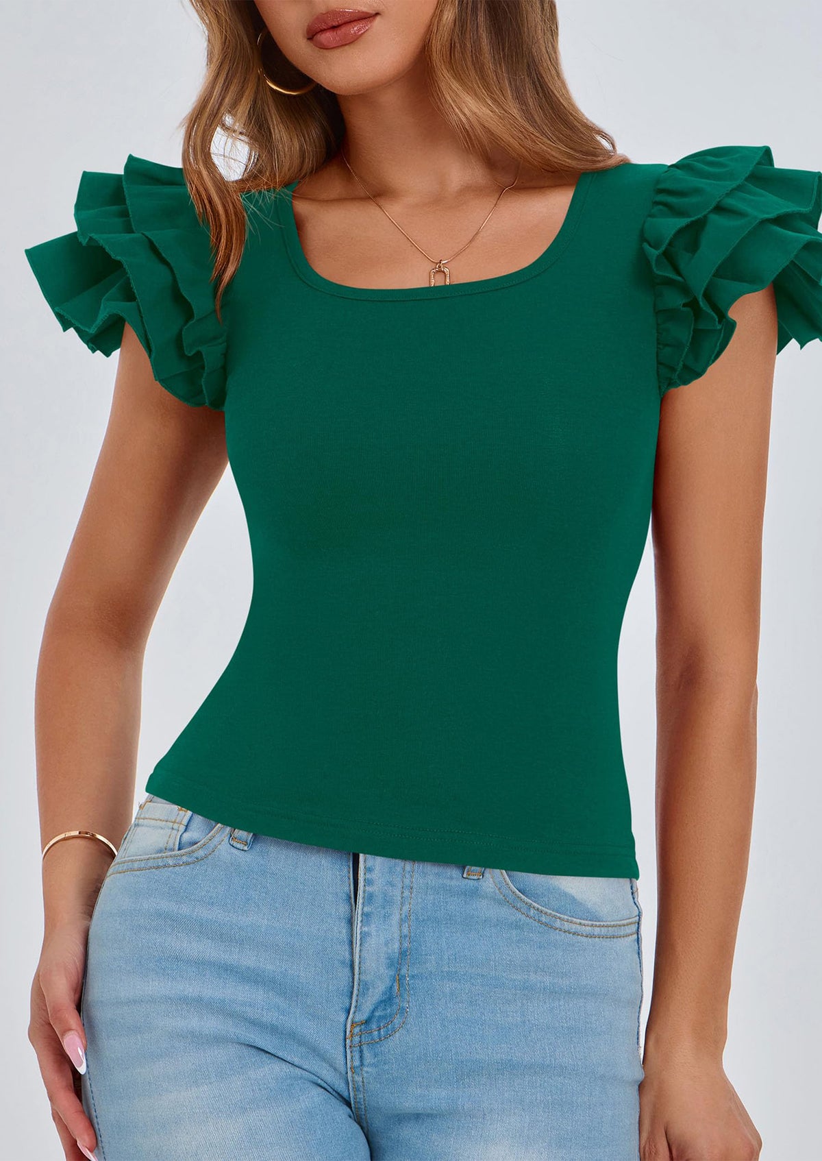 Ruffle Short Sleeve Casual Basic Fitted Crew Neck T-shirts