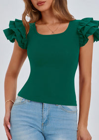 Ruffle Short Sleeve Casual Basic Fitted Crew Neck T-shirts