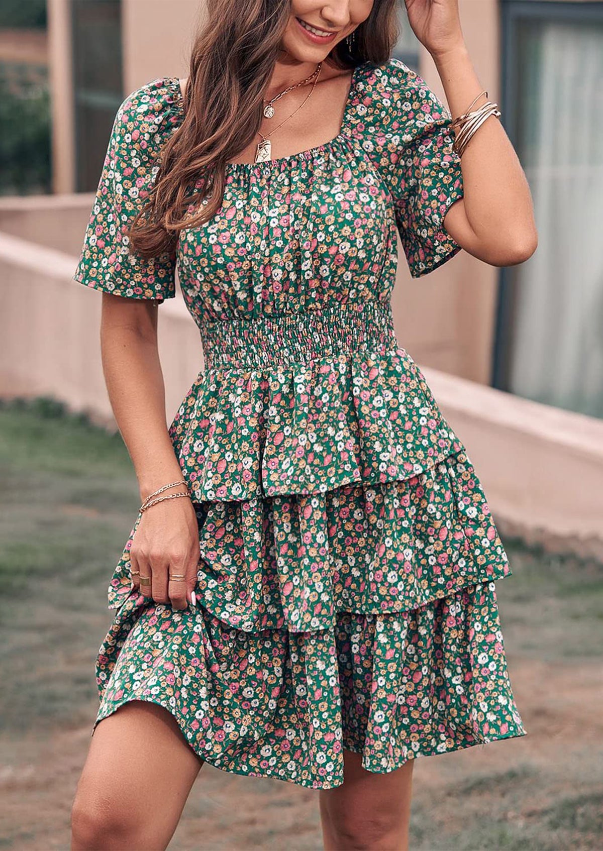 Floral Square Neck Short Sleeve Tiered Ruffle Boho Dresses