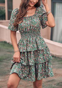 Floral Square Neck Short Sleeve Tiered Ruffle Boho Dresses