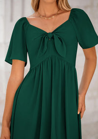 Casual Short Sleeve Bow Tie V Neck Ruffle Flowy Midi Dresses