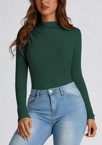 Y2K Long Sleeve Mock Neck Ruched Slim Fitted Casual Blouses