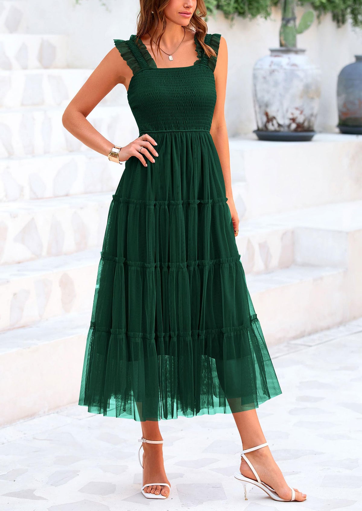 Casual Sleeveless Smocked Ruffle Tulle Flowy Beach Sundress