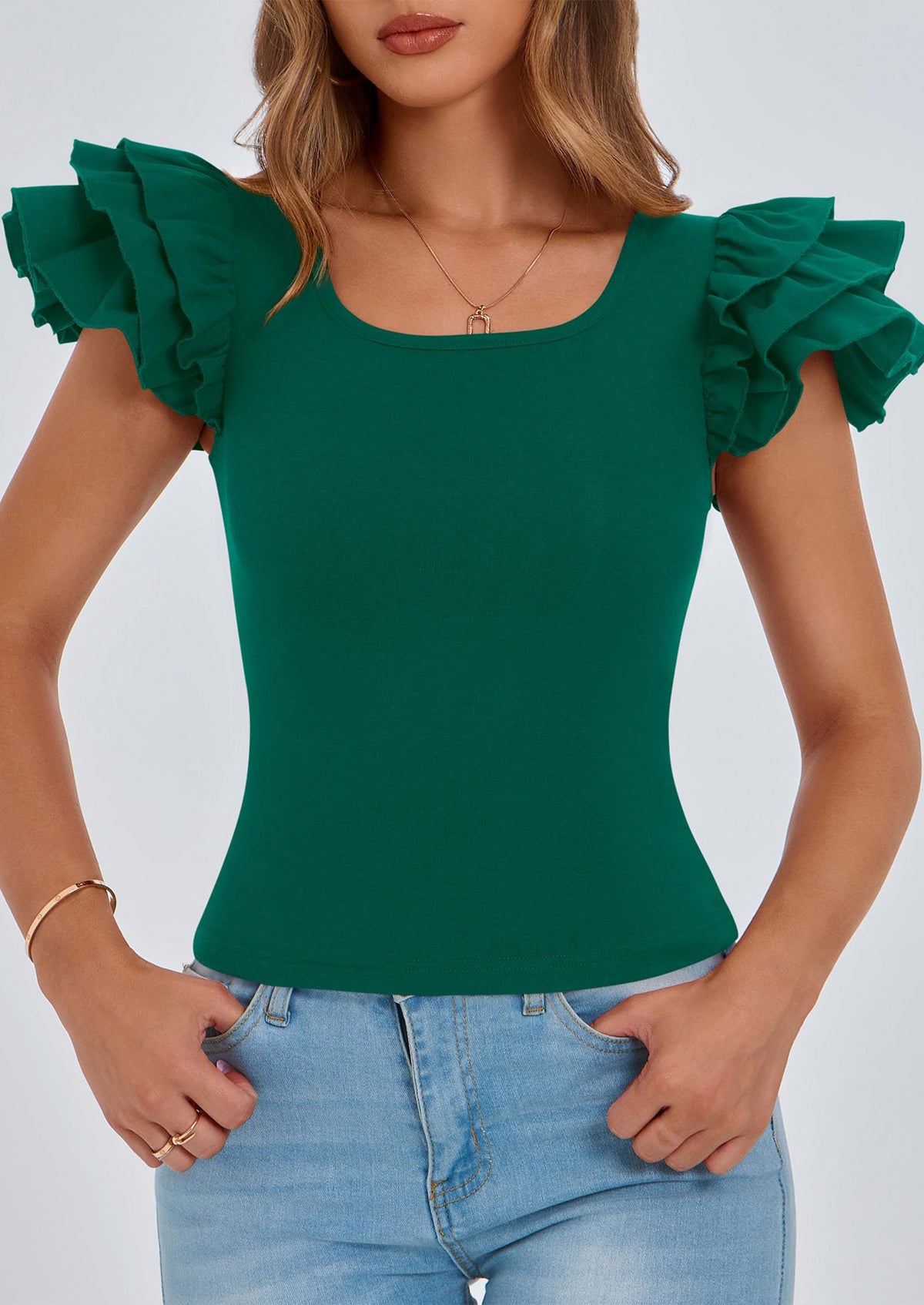 Ruffle Short Sleeve Casual Basic Fitted Crew Neck T-shirts