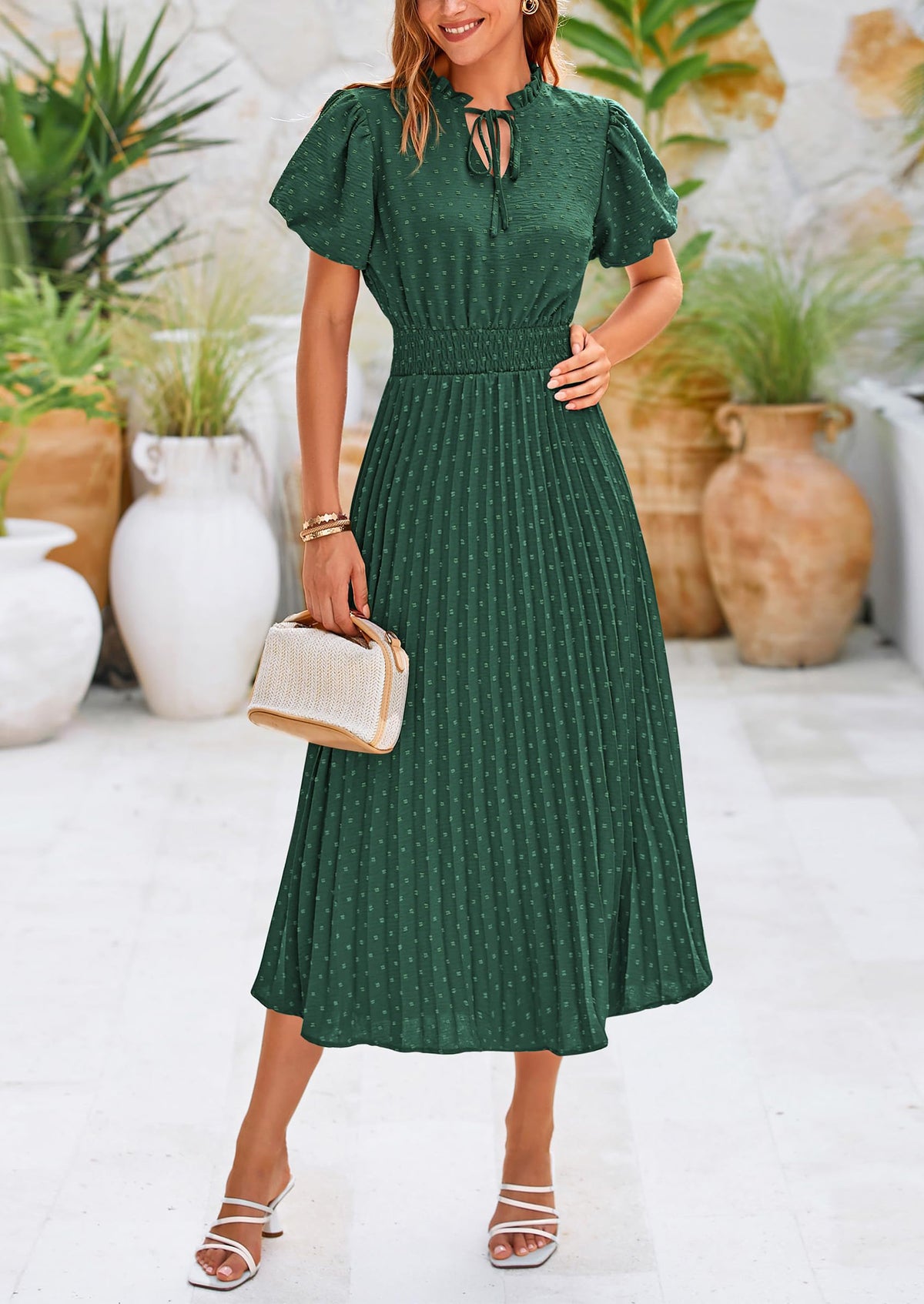 Swiss Dot Pleated A Line Casual Flowy Party Midi Dress