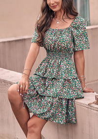 Floral Square Neck Short Sleeve Tiered Ruffle Boho Dresses