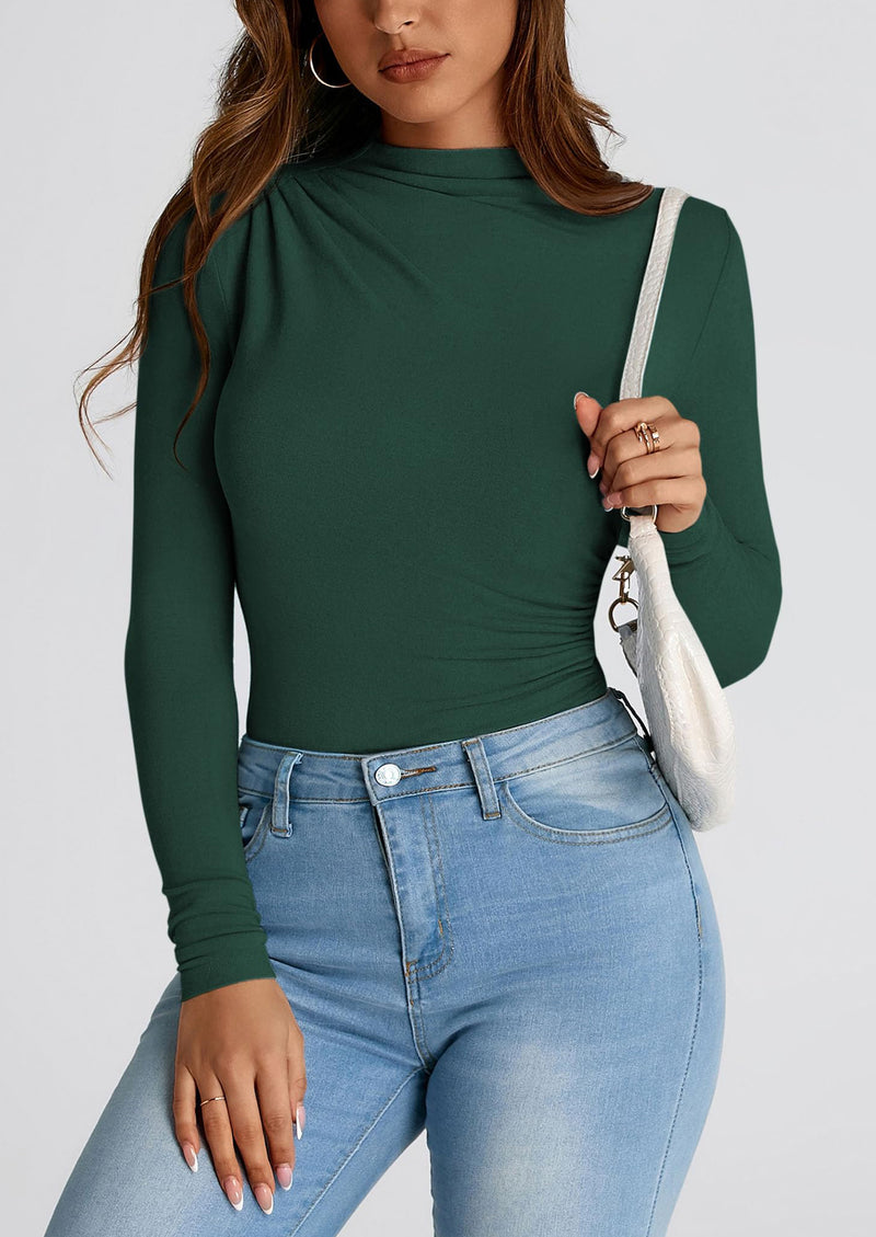 PRETTYGARDEN Womens Fall Y2K Going Out Crop Tops Long Sleeve Mock Neck Ruched Slim Fitted Basic Trendy Casual T Shirts Blouse