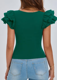 Ruffle Short Sleeve Casual Basic Fitted Crew Neck T-shirts
