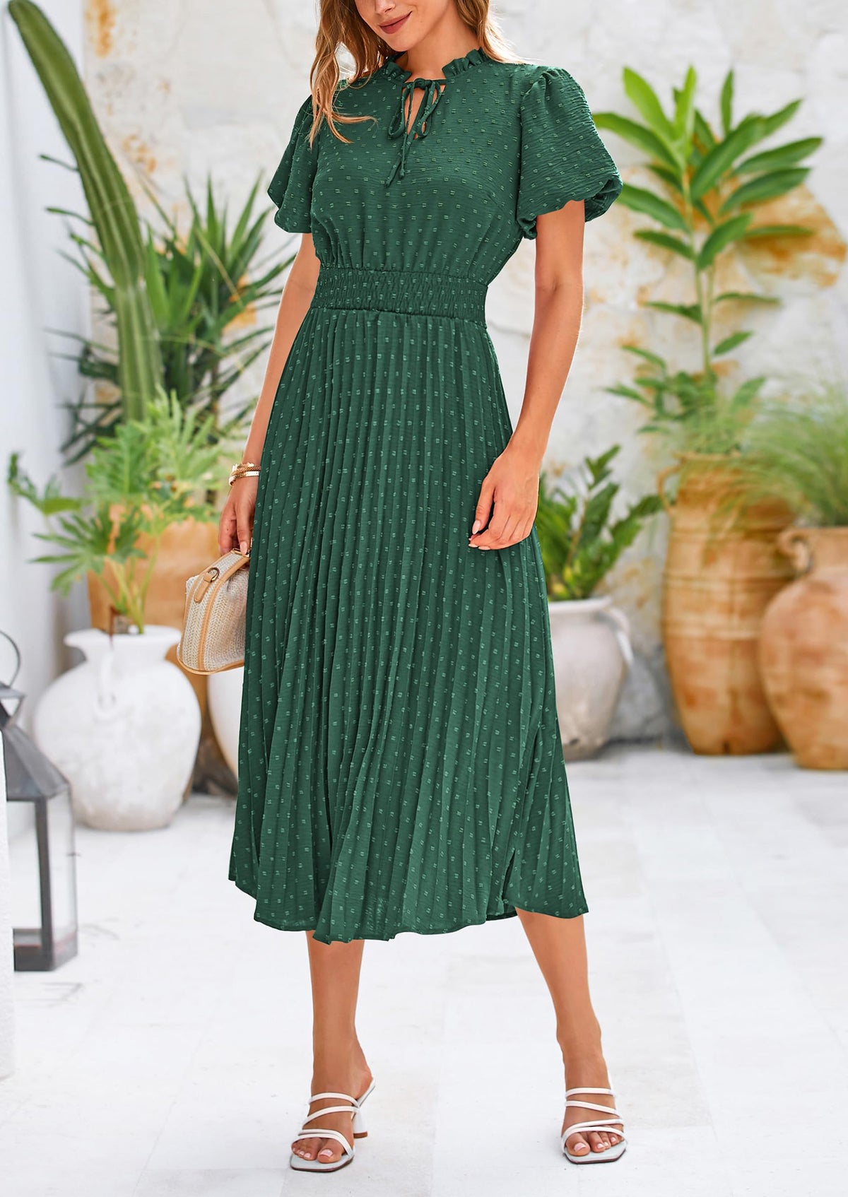 Swiss Dot Pleated A Line Casual Flowy Party Midi Dress