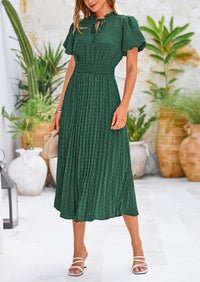 Swiss Dot Pleated A Line Casual Flowy Party Midi Dress