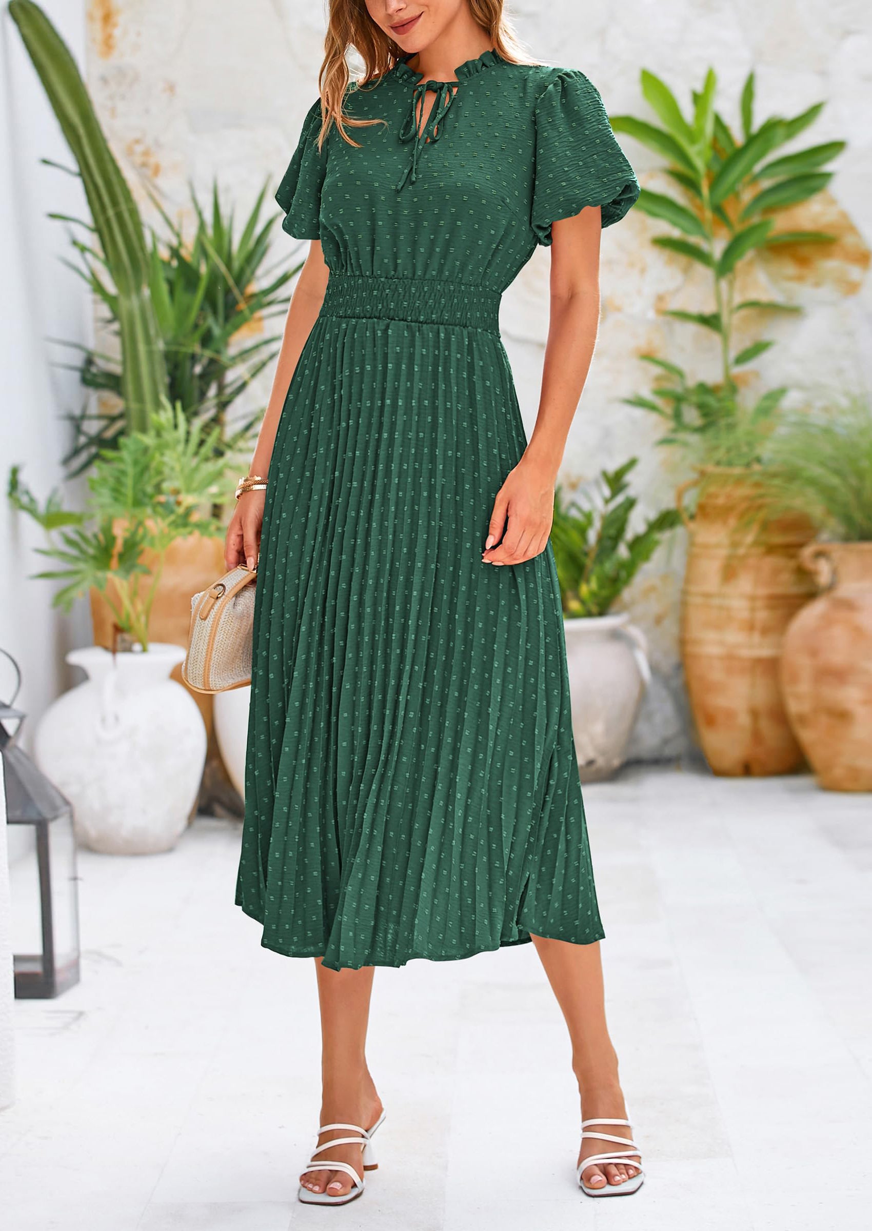Prettygarden V Neck Swiss Polka Dot Wedding Guest Midi Skirt