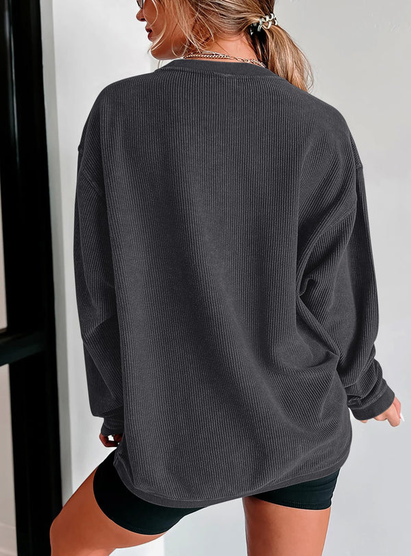Ribbed Corduroy Crew Neck Long Sleeve Loose Fit Casual Oversized Sweatshirt