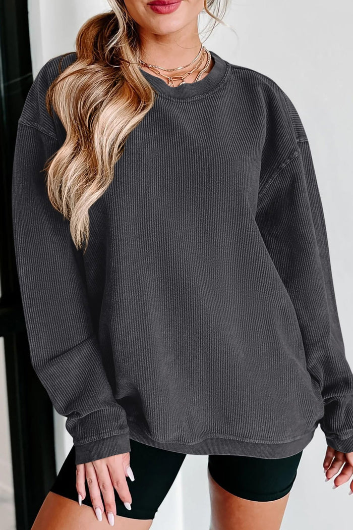 Ribbed Corduroy Crew Neck Long Sleeve Loose Fit Casual Oversized Sweatshirt
