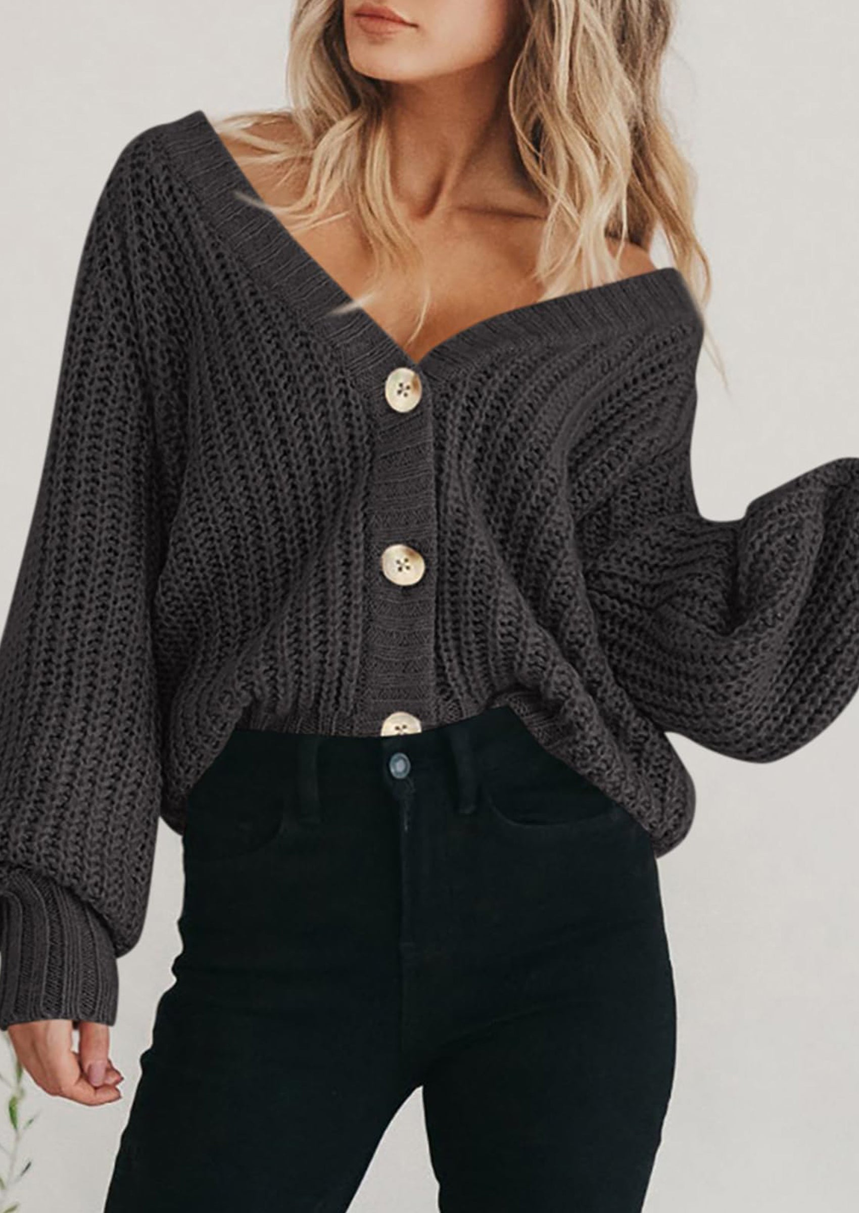 PRETTYGARDEN Women's Chunky Knit Open Front Sweater Long Sleeve Button Loose Short Cardigan Outerwear Coats