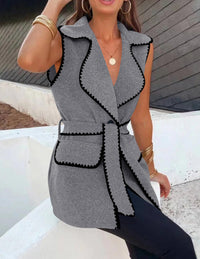 Tweed Sleeveless Lapel Button Front Belt Color Block Vest Jackets