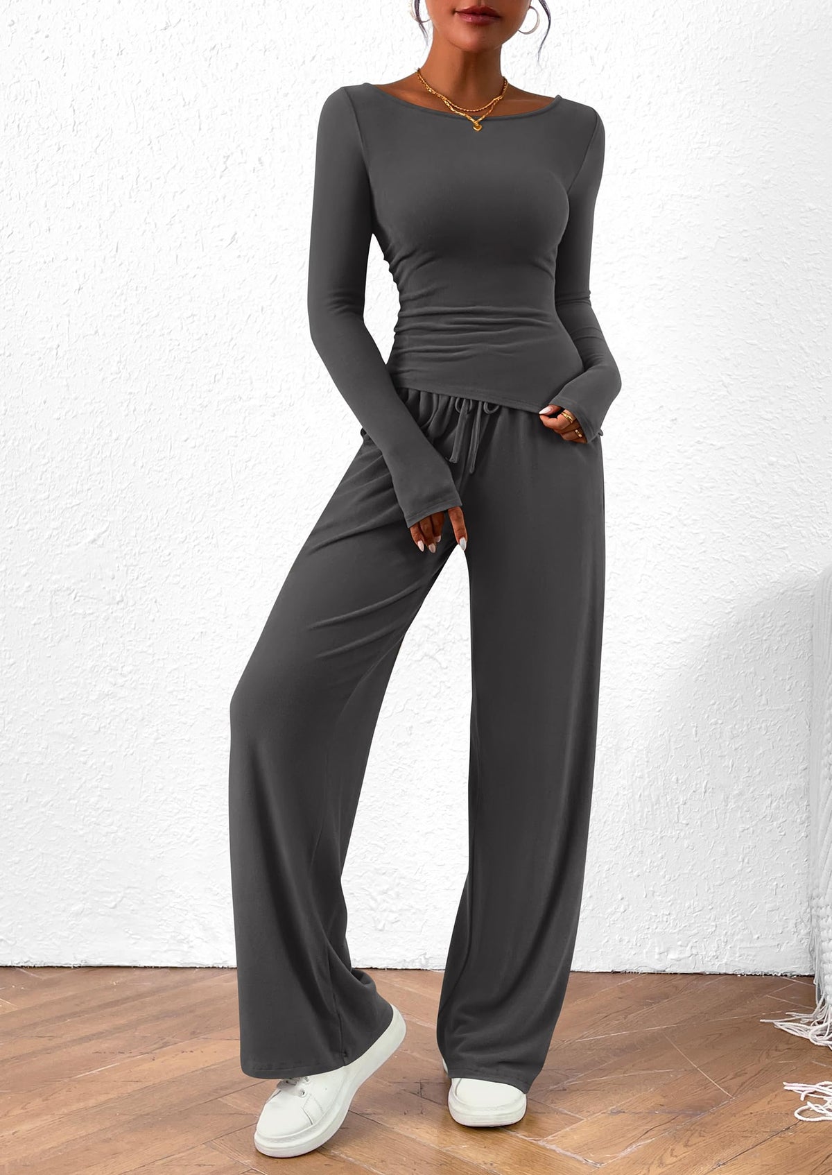 Asymmetrical Long Sleeve T-Shirt Wide Leg Pants Casual 2 Piece Sets