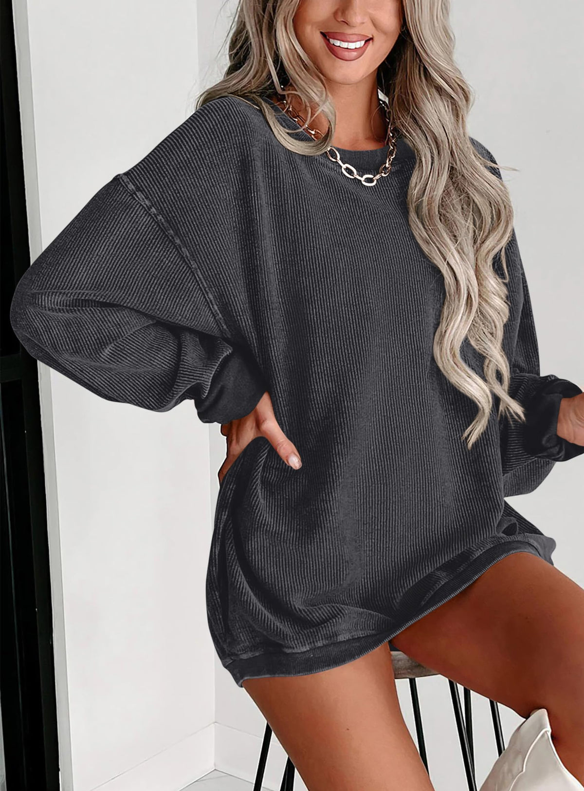 Ribbed Corduroy Crew Neck Long Sleeve Loose Fit Casual Oversized Sweatshirt