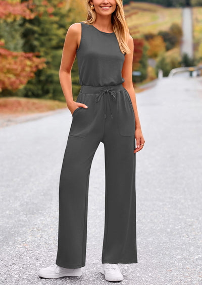 PRETTYGARDEN Jumpsuits Casual Outfits Sleeveless Wide Leg Long Pants Rompers
