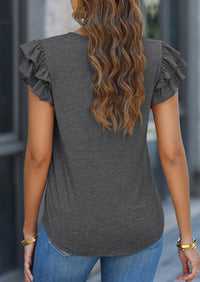 Casual Ruffle Short Sleeve V Neck T-shirts