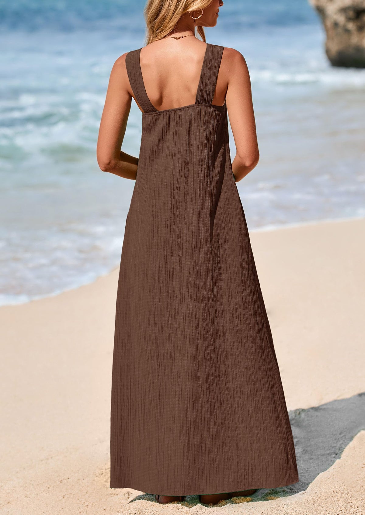 Casual Sleeveless Strappy Loose Flowy Beach Maxi Dress with Pockets