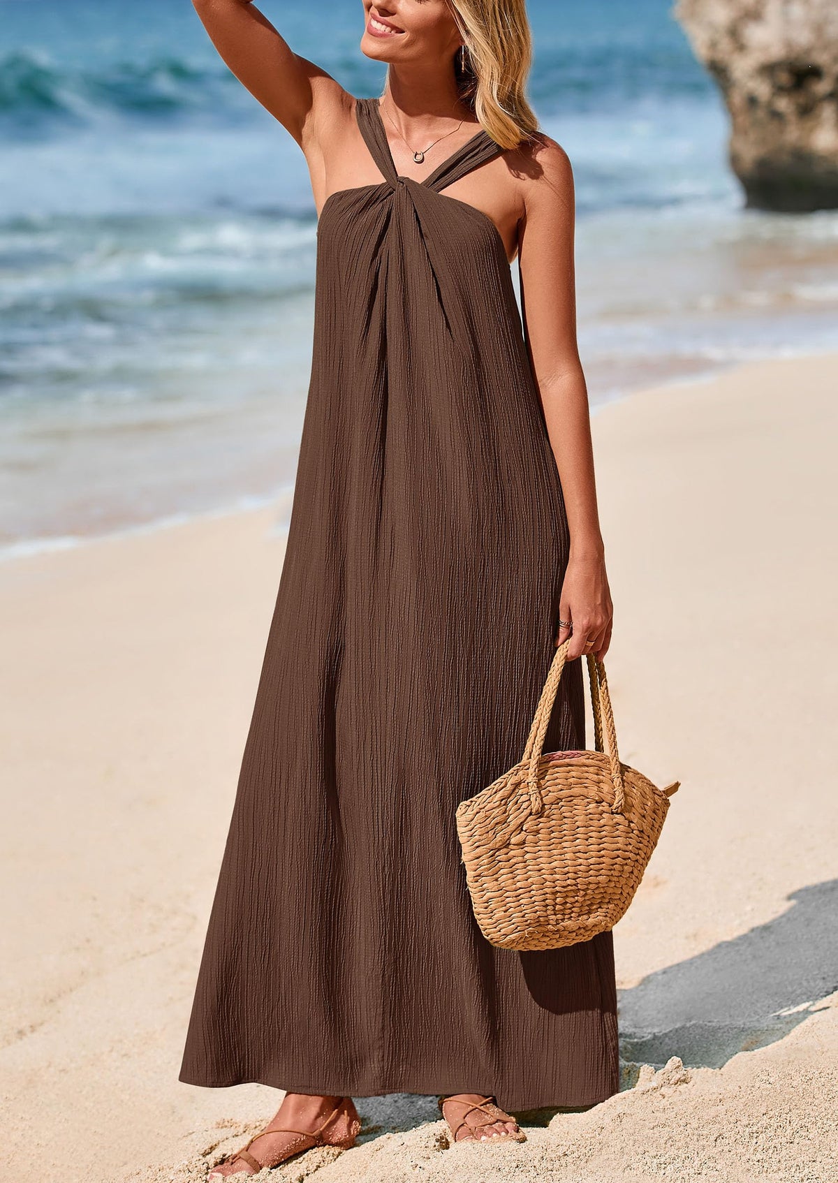 Casual Sleeveless Strappy Loose Flowy Beach Maxi Dress with Pockets