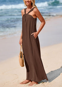 Casual Sleeveless Strappy Loose Flowy Beach Maxi Dress with Pockets