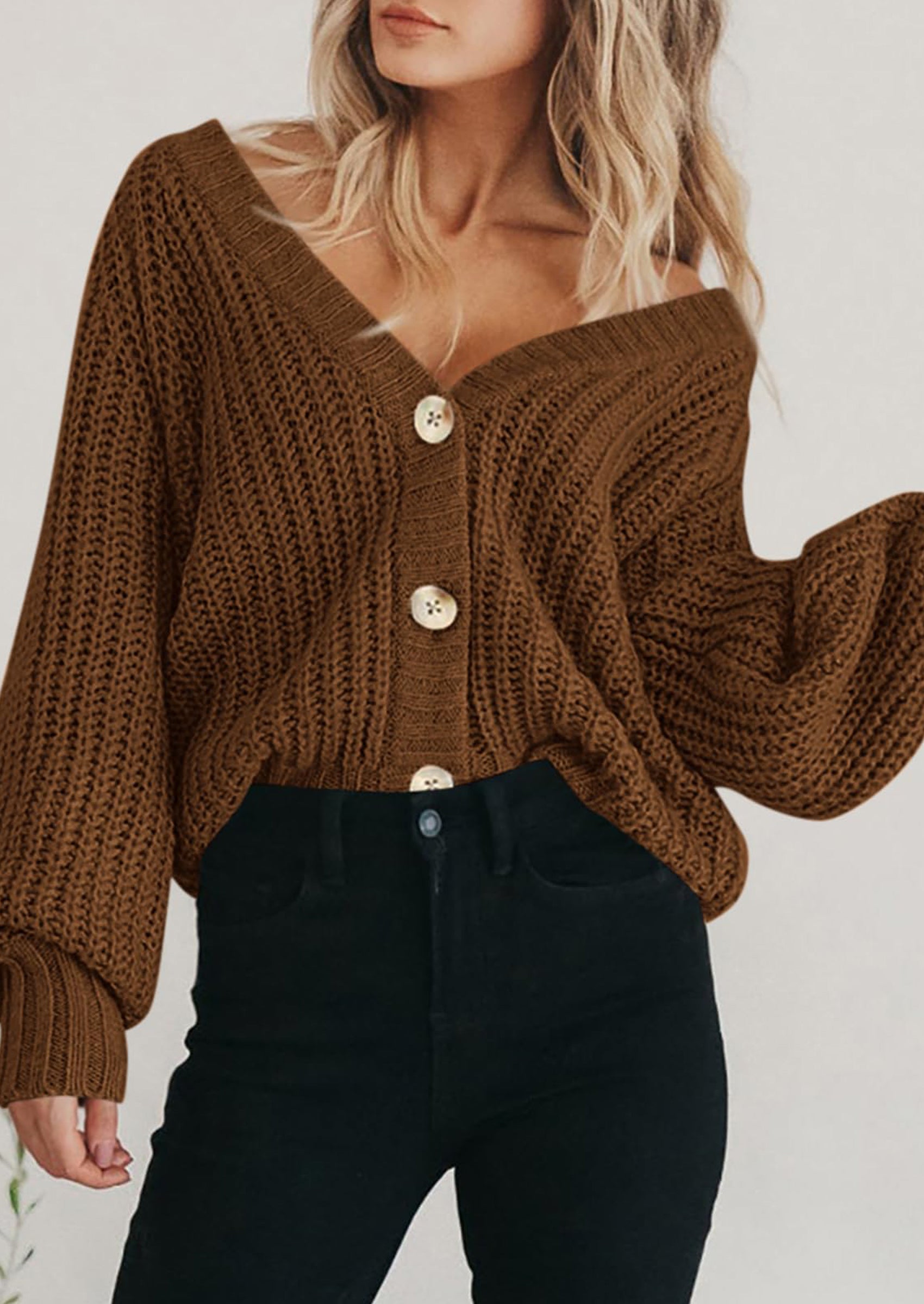 PRETTYGARDEN Women's Chunky Knit Open Front Sweater Long Sleeve Button Loose Short Cardigan Outerwear Coats