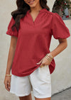 PRETTYGARDEN Womens Casual Summer Tops V Neck Short Puff Sleeve Pleated Cotton T Shirts Loose Dressy Blouses