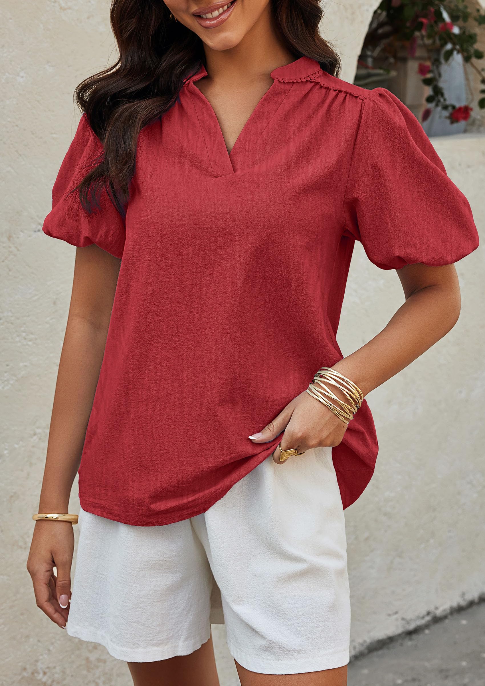 PRETTYGARDEN Womens Casual Summer Tops V Neck Short Puff Sleeve Pleated Cotton T Shirts Loose Dressy Blouses