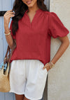 PRETTYGARDEN Womens Casual Summer Tops V Neck Short Puff Sleeve Pleated Cotton T Shirts Loose Dressy Blouses