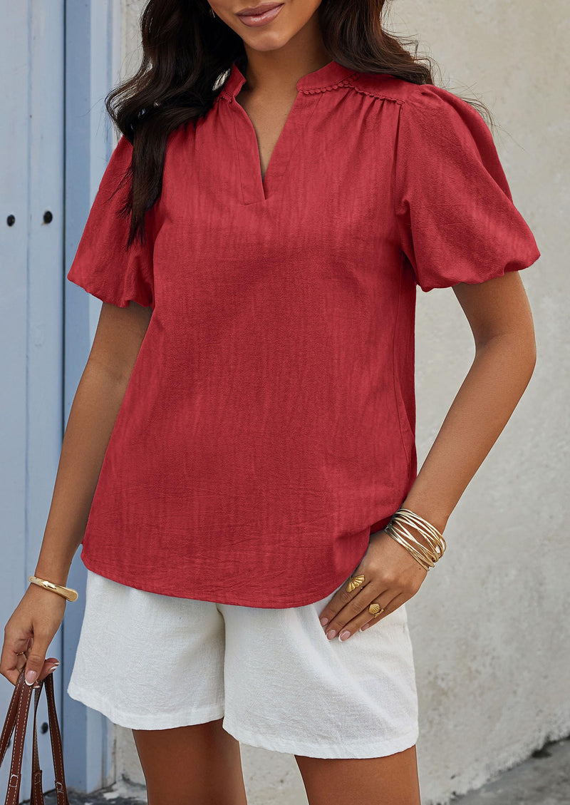 PRETTYGARDEN Womens Casual Summer Tops V Neck Short Puff Sleeve Pleated Cotton T Shirts Loose Dressy Blouses