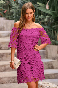 Off Shoulder Vintage Floral Lace Flare Short Sleeve Loose Elegant Mini Dress