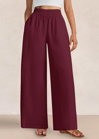 Casual Elastic Waist Loose Flowy Palazzo Pants Trousers with Pockets