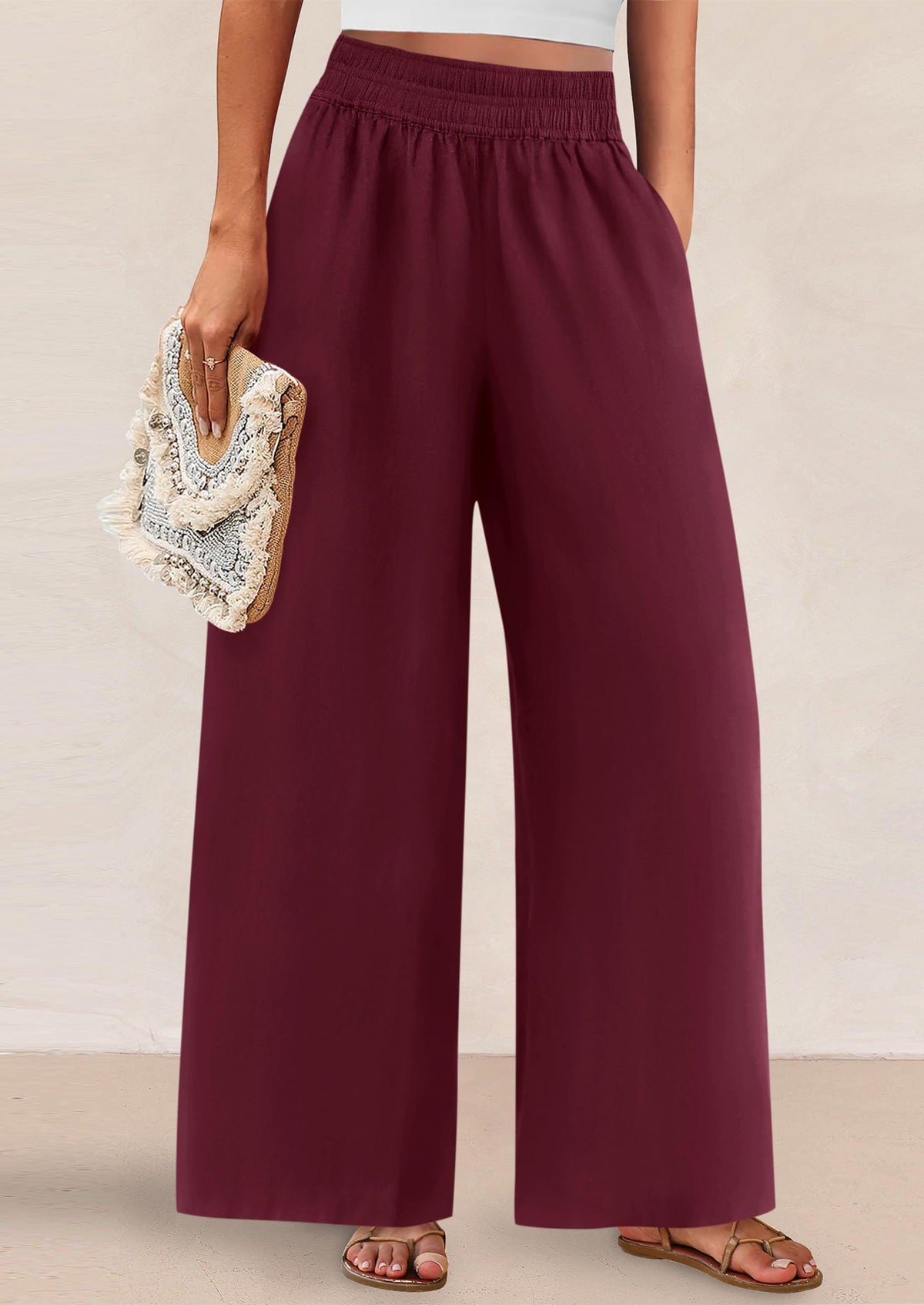 Casual Elastic Waist Loose Flowy Palazzo Pants Trousers with Pockets