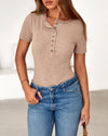 BTFBM Women Summer Henley Tunic Top V Neck Short Sleeve Button UP Solid Slim Fit Casual Ribbed Knit Shirt Blouses