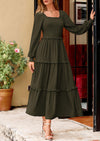 PRETTYGARDEN Women Fall Long Sleeve Smocked Maxi Dress Casual Square Neck Swiss Dot Tiered Ruffle Flowy Spring Pocket Dresses