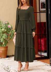 PRETTYGARDEN Women Fall Long Sleeve Smocked Maxi Dress Casual Square Neck Swiss Dot Tiered Ruffle Flowy Spring Pocket Dresses