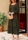 PRETTYGARDEN Women Fall Long Sleeve Smocked Maxi Dress Casual Square Neck Swiss Dot Tiered Ruffle Flowy Spring Pocket Dresses