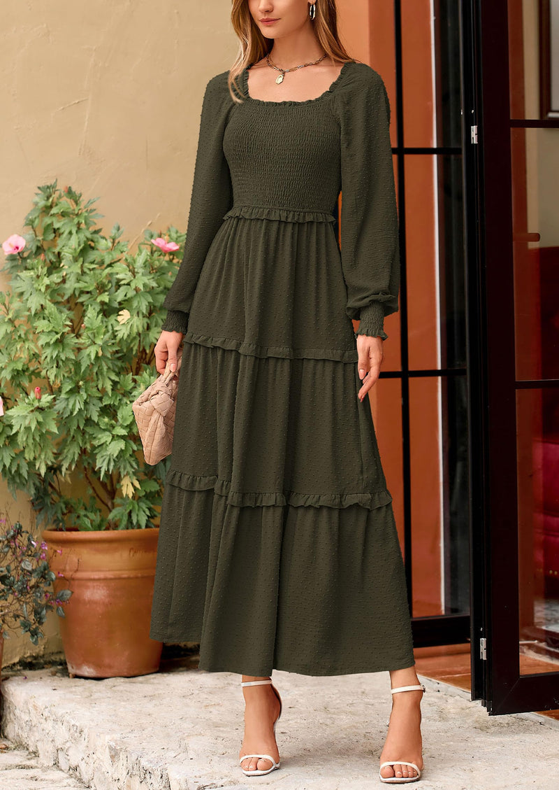 PRETTYGARDEN Women Fall Long Sleeve Smocked Maxi Dress Casual Square Neck Swiss Dot Tiered Ruffle Flowy Spring Pocket Dresses