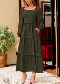 PRETTYGARDEN Women Fall Long Sleeve Smocked Maxi Dress Casual Square Neck Swiss Dot Tiered Ruffle Flowy Spring Pocket Dresses